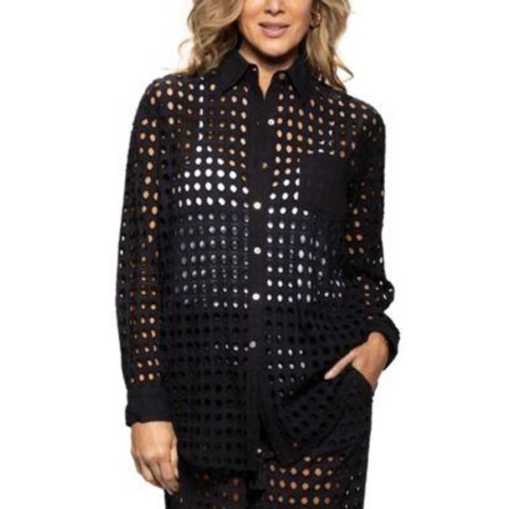 Carmen Marc Valvo Swim‎ Cover Up Women Medium Black Eyelet Button Down $114 NWT